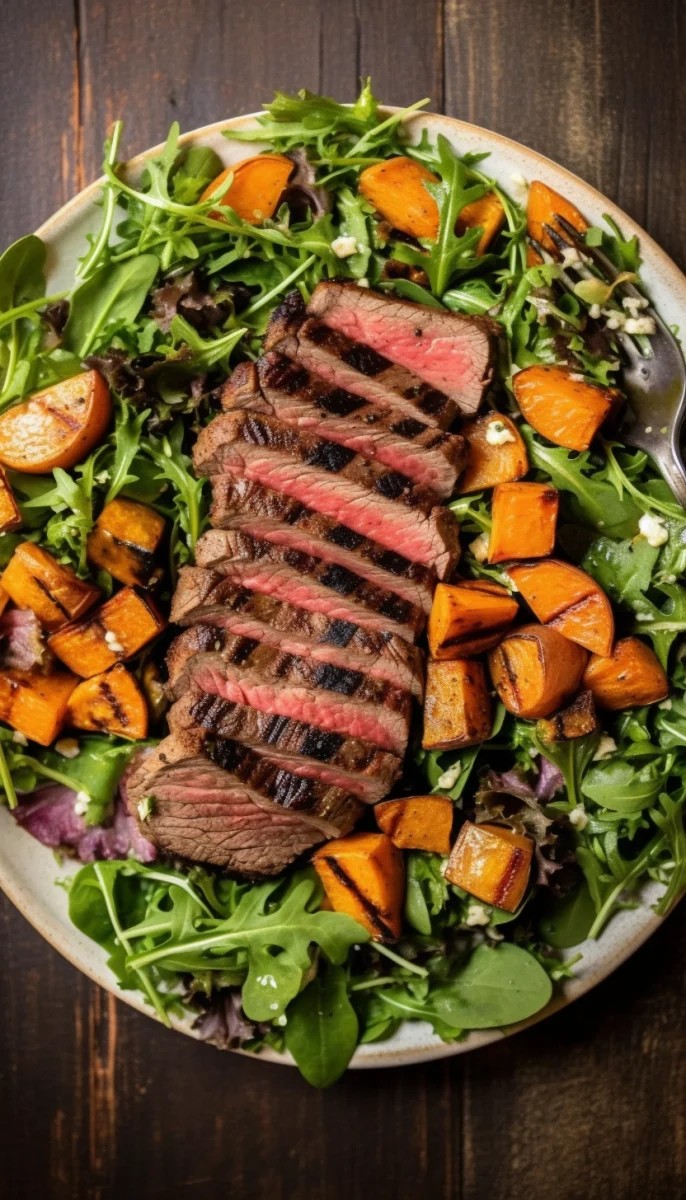Grilled steak sliced over greens with roasted sweet potatoes.