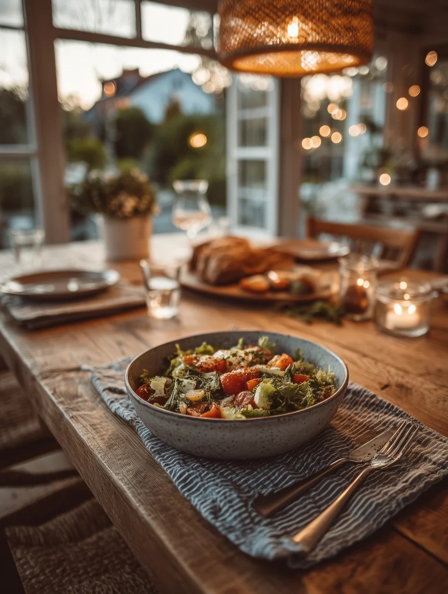 A fresh garden salad plated on a rustic wooden table setting.